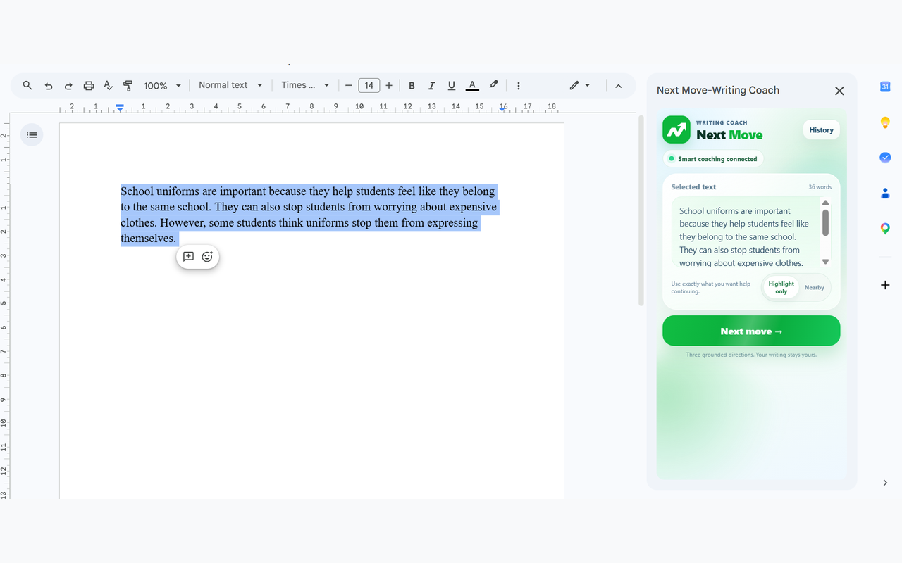 Next Move v1.0 interface showing highlighted text in Google Docs and the writing coach sidebar